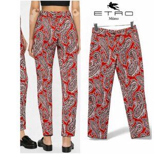Etro Milano Red Paisley Print Women's Fitted Pants Size 42, High Waist, Slim Fit